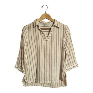 Keren Hart White and Beige Striped Linen Pullover Top Women’s Size Medium